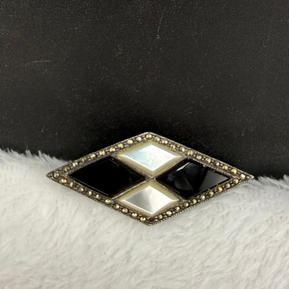 Vintage TH Sterling Silver Brooch Black Onyx Mother‎ of Pearl Marcasite Women OS
